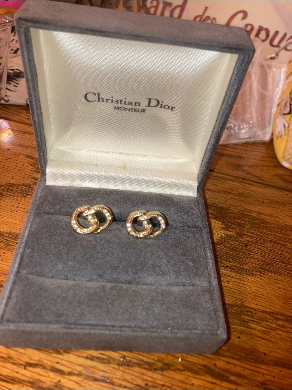 Christian Diof Cuff Links w/ Crystal CD logo Vintage in Original Box